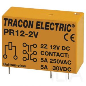 Tracon  Print relé, PR12-2V,  12V DC / 2×CO (5A, 230V AC / 30V DC) Miniatűr print relé