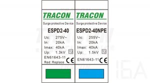 Tracon  túlfeszültség levezető, T2 AC típusú, cserélhető betéttel, ESPD2-40-1+1P Túlfeszültség levezető 1