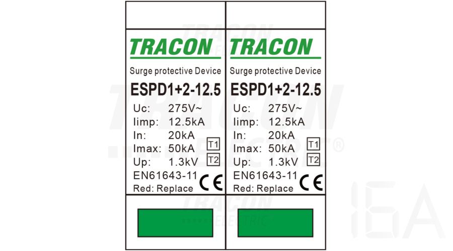 Tracon  túlfeszültség levezető, T1+T2 AC típusú, cserélhető betéttel, ESPD1+2-12.5-2P Túlfeszültség levezető 1