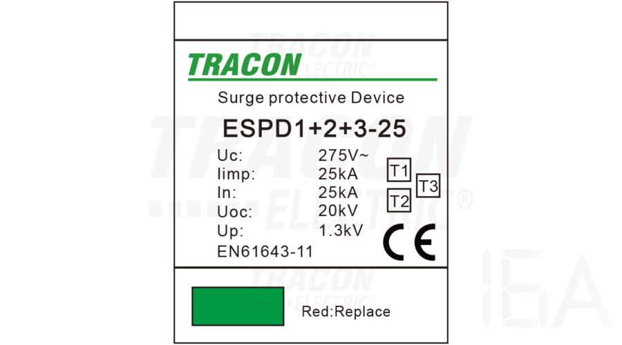 Tracon  túlfeszültség levezető, T1+T2+T3 AC típusú, egybeépített, ESPD1+2+3-25-1P Túlfeszültség levezető 1