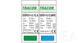 Tracon  túlfeszültség levezető, T1+T2 AC típusú, cserélhető betéttel, ESPD1+2-12.5-1+1P Túlfeszültség levezető 1