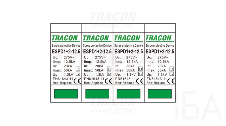 Tracon  túlfeszültség levezető, T1+T2 AC típusú, cserélhető betéttel, ESPD1+2-12.5-4P Túlfeszültség levezető 1